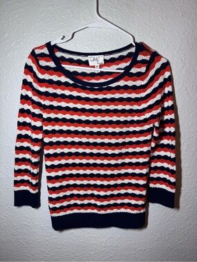 Orange 
White and Navy Striped Knit Sweater